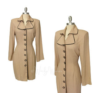 Vintage 80s does 40s Shirt Dress Size S Tan Sheath Wide Collar Button Up Retro